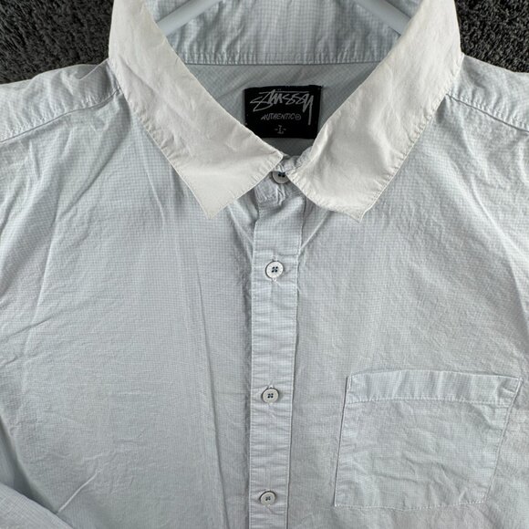 Stussy Button Up Shirt Men Large Blue Check Long Sleeve Contrast Collar Men - Picture 1 of 16